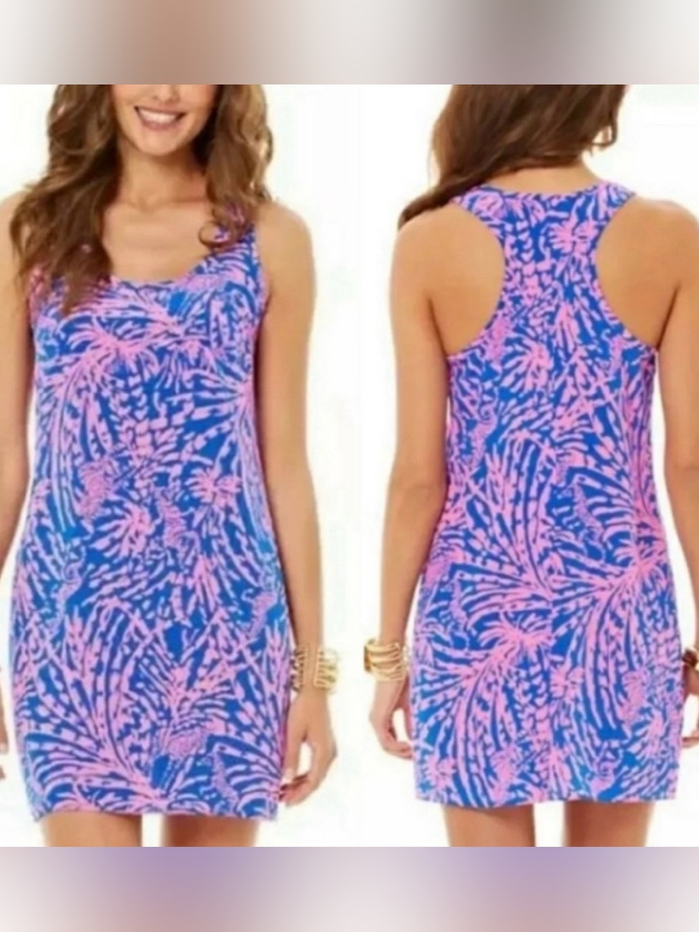 Lilly Pulitzer Blue & Pink Palm-Print Racerback Mini Dress